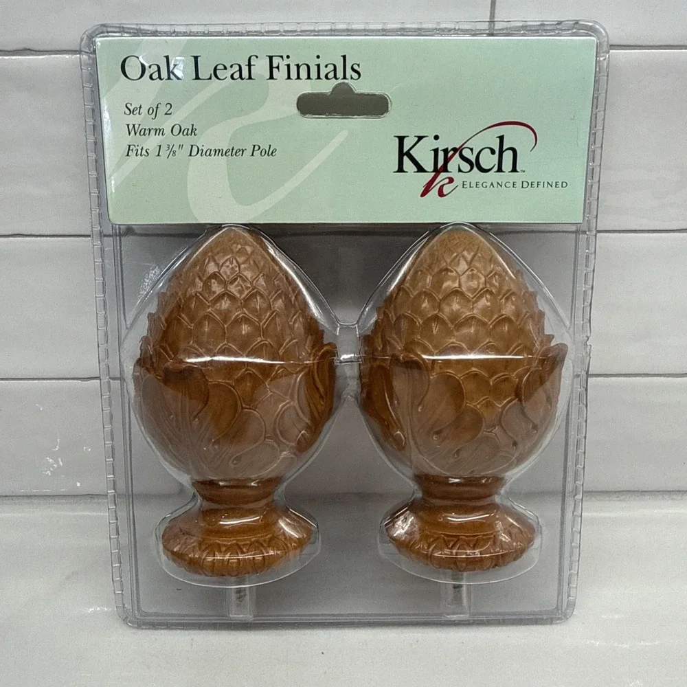 Vintage Pair of Kirsch (Warm Oak) Oak Leaf Finials Fits 1 3/8 Diameter Pole NOS